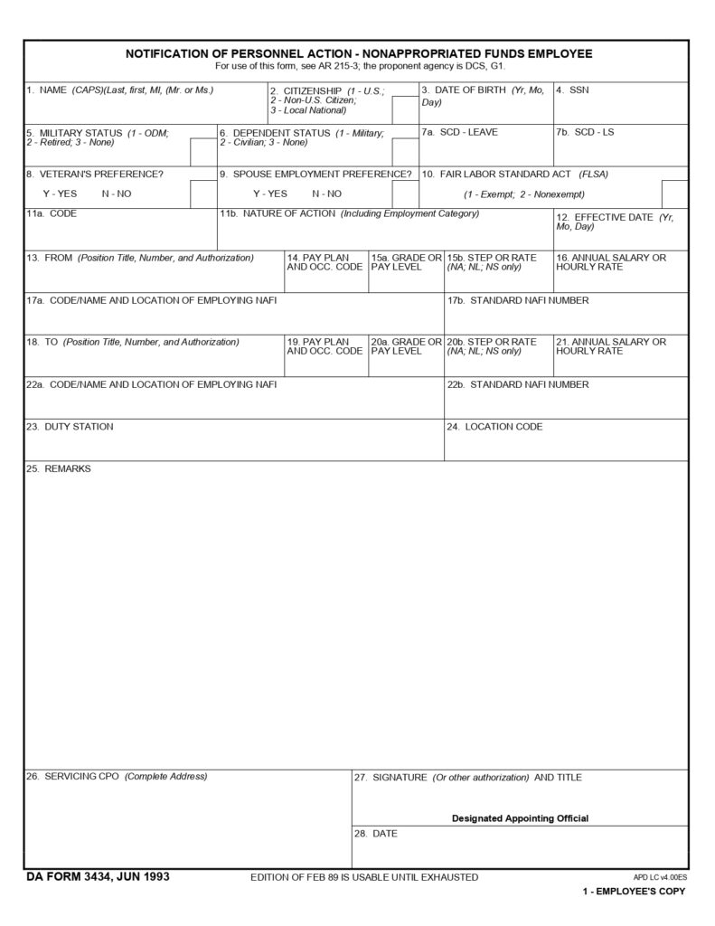 DA FORM 3434 - Notification Of Personnel Action - Nonappropriated Funds Employee_page-0001