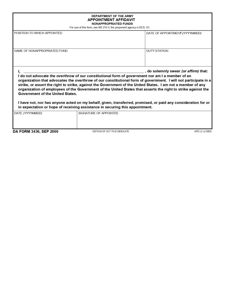 DA FORM 3436 - Department Of The Army Appointment Affidavit (Nonappropriated Funds)_page-0001