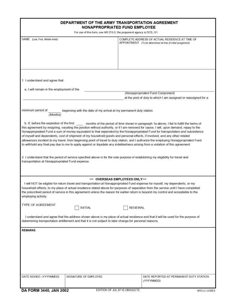 DA FORM 3440 - Department Of The Army Transportation Agreement Nonappropriated Fund Employee_page-0001