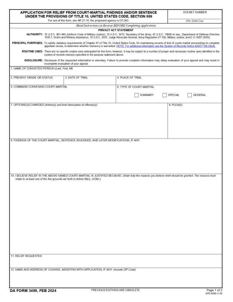 DA FORM 3499 - Application For Relief From Court-Martial Findings And-Or Sentence Under The Provisions Of Title 10, United States Code, Section 869_page-0001