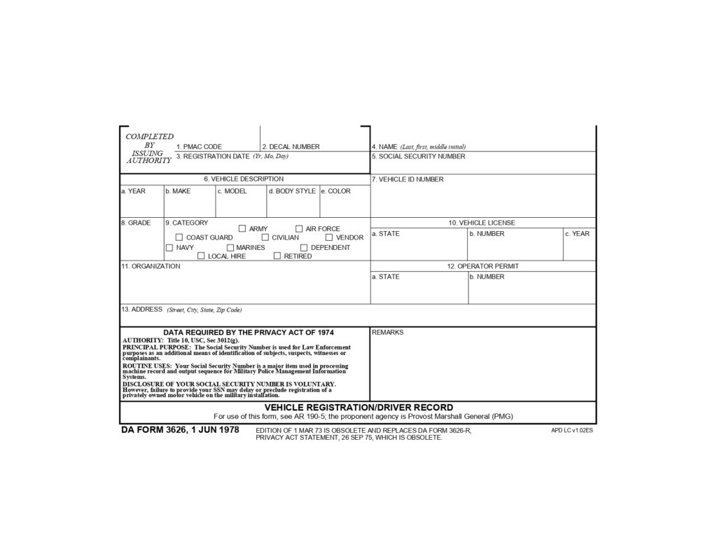 DA FORM 3626 - Vehicle Registration-Driver Record_page-0001