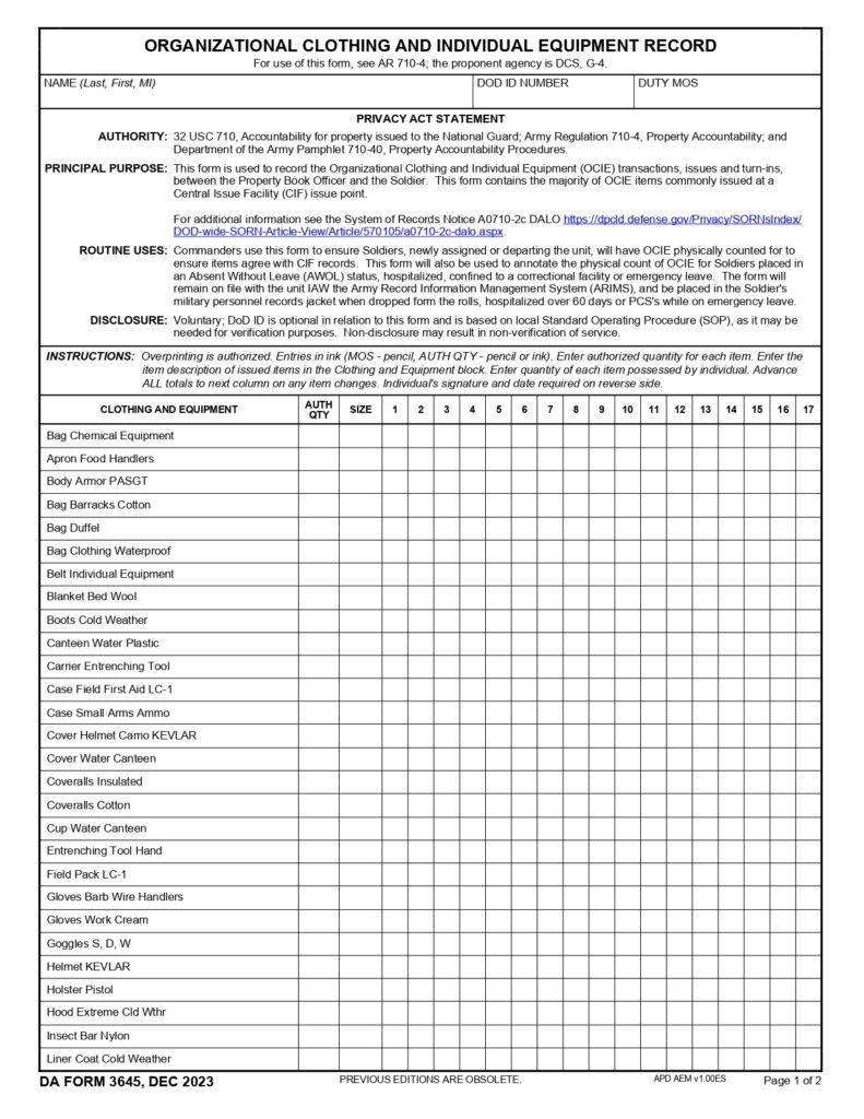 DA FORM 3645 - Organizational Clothing And Individual Equipment Record_page-0001