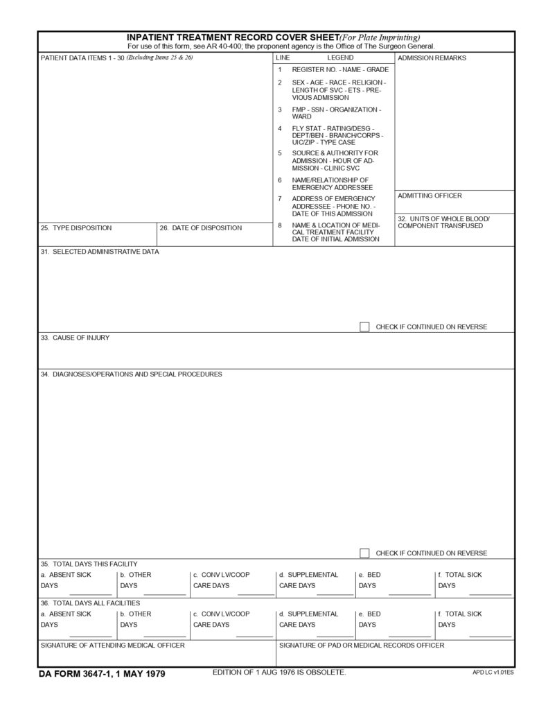 DA FORM 3647-1 - Inpatient Treatment Record Cover Sheet (For Plate Imprinting)_page-0001