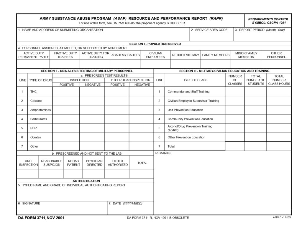 DA FORM 3711 - Army Substance Abuse Program (ASAP) Resource And Performance Report (RAPR)_page-0001