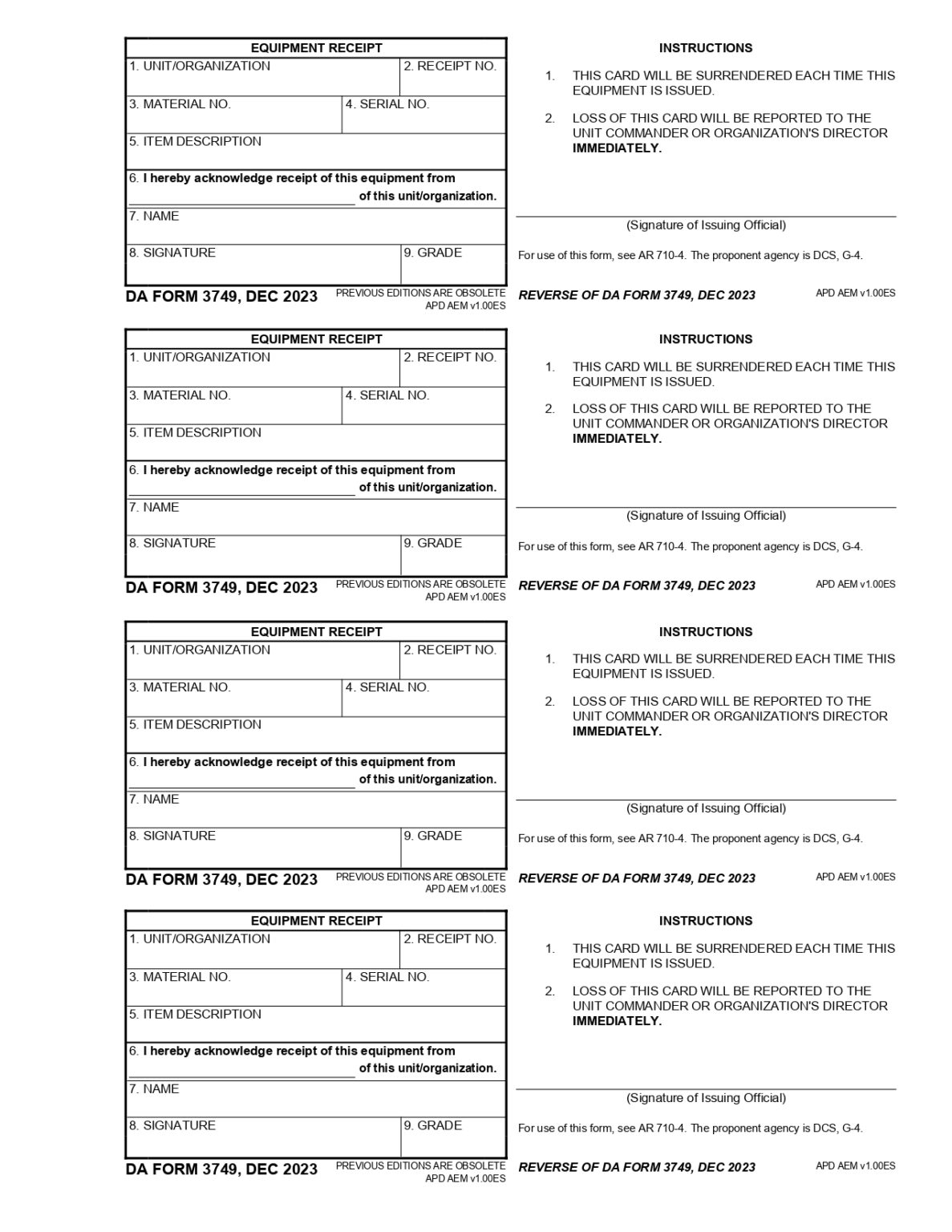 DA FORM 3749 Fillable - Army Pubs 3749 PDF | DA Forms 2024