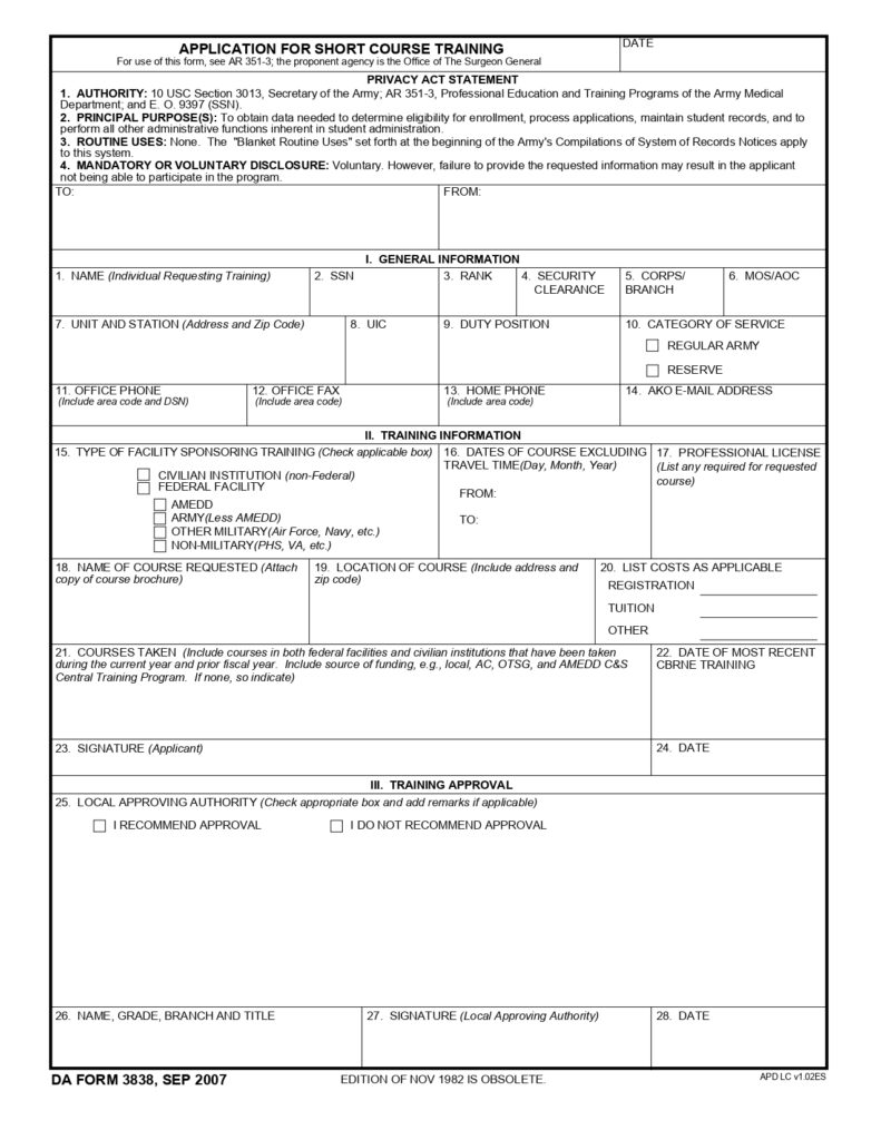 DA FORM 3838 Fillable - Army Pubs 3838 PDF | DA Forms 2024