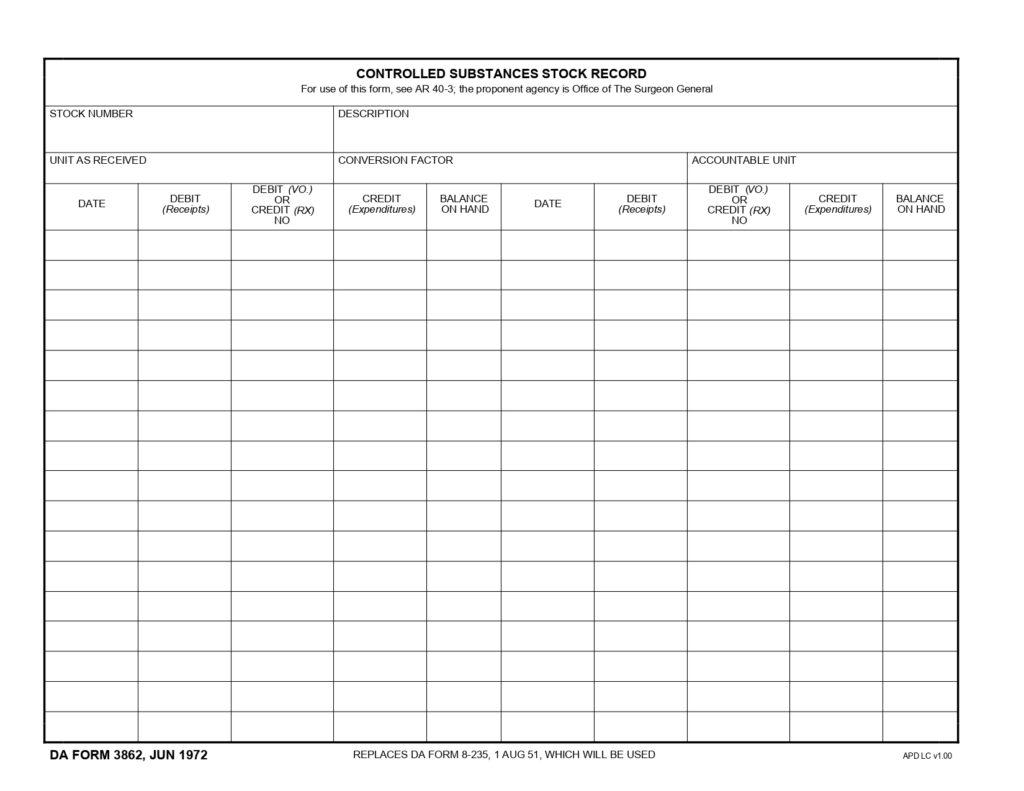 DA FORM 3862 - Controlled Substances Stock Record_page-0001