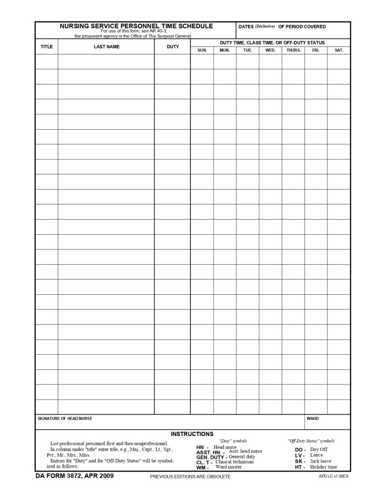 DA FORM 3872 - Nursing Service Personnel Time Schedule_page-0001