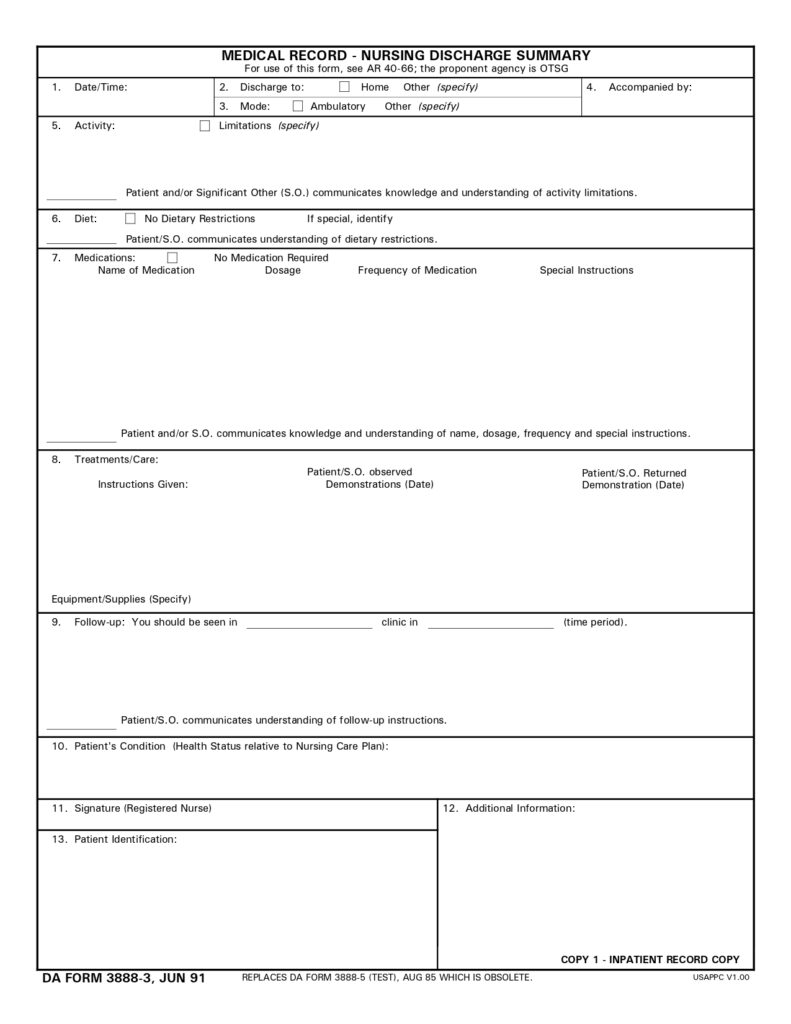 DA FORM 3888-3 - Medical Record - Nursing Discharge Summary_page-0001