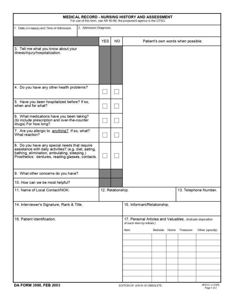 DA FORM 3888 - Medical Record - Nursing History And Assessment_page-0001