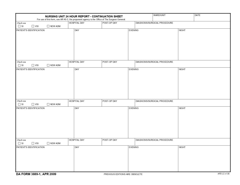 DA FORM 3889-1 - Nursing Unit 24-Hour Report - Continuation Sheet_page-0001