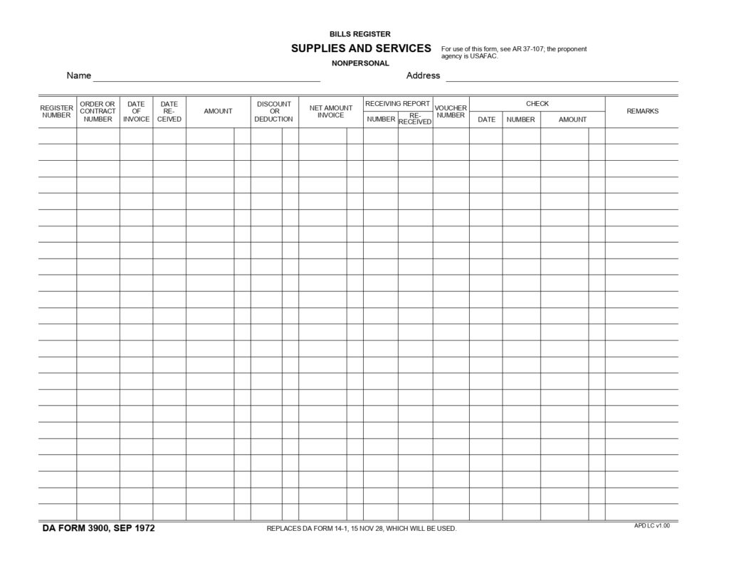 DA FORM 3900 - Bills Register Supplies And Services Nonpersonal_page-0001