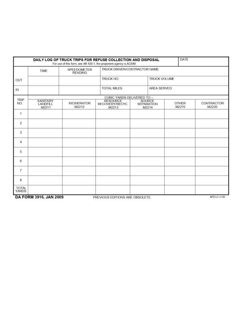 DA FORM 3916 - Daily Log Of Truck Trips For Refuse Collection And Disposal_page-0001