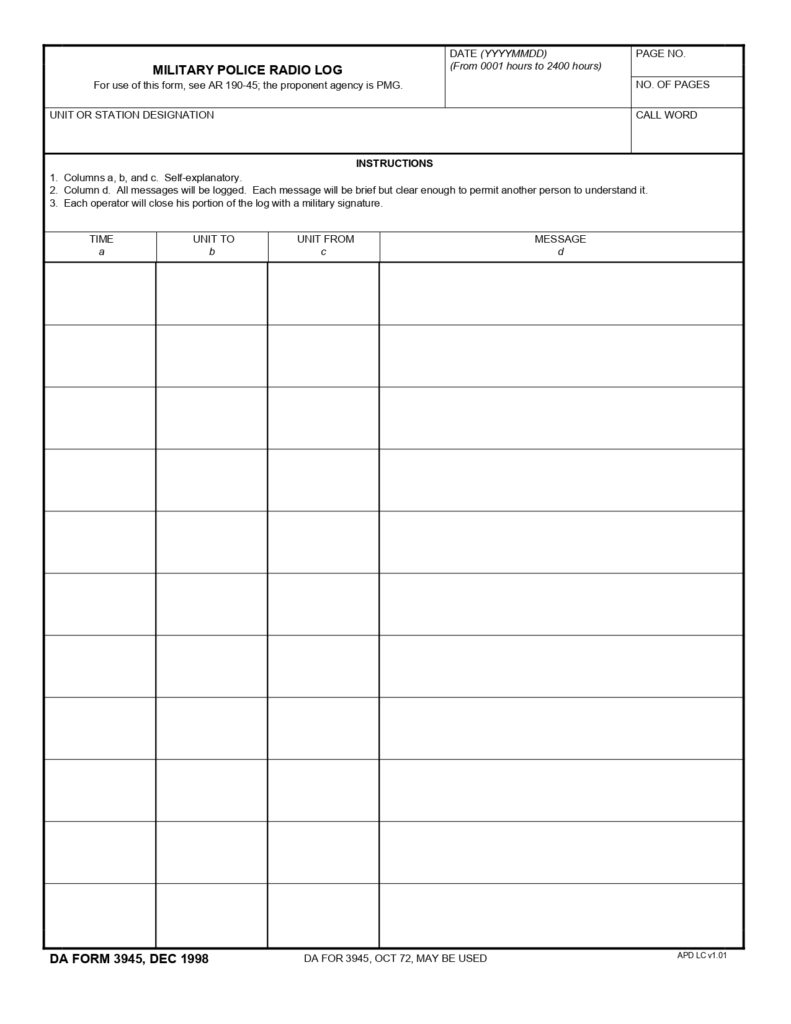 DA FORM 3945 - Military Police Radio Log_page-0001