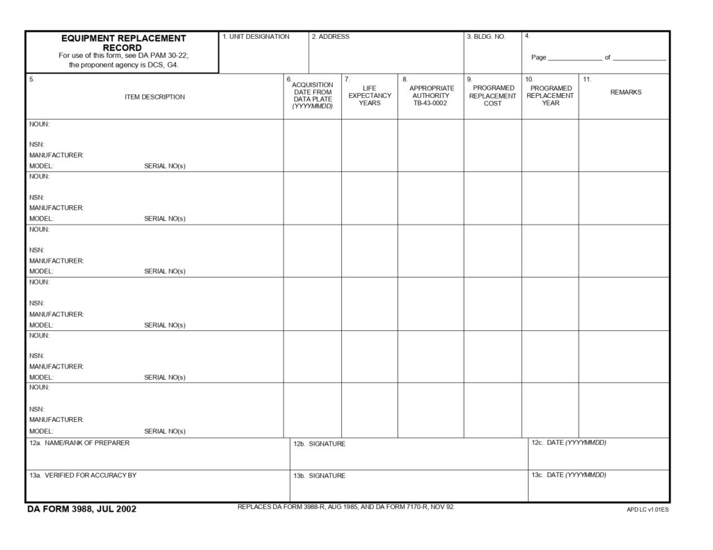 DA FORM 3988 - Equipment Replacement Record_page-0001