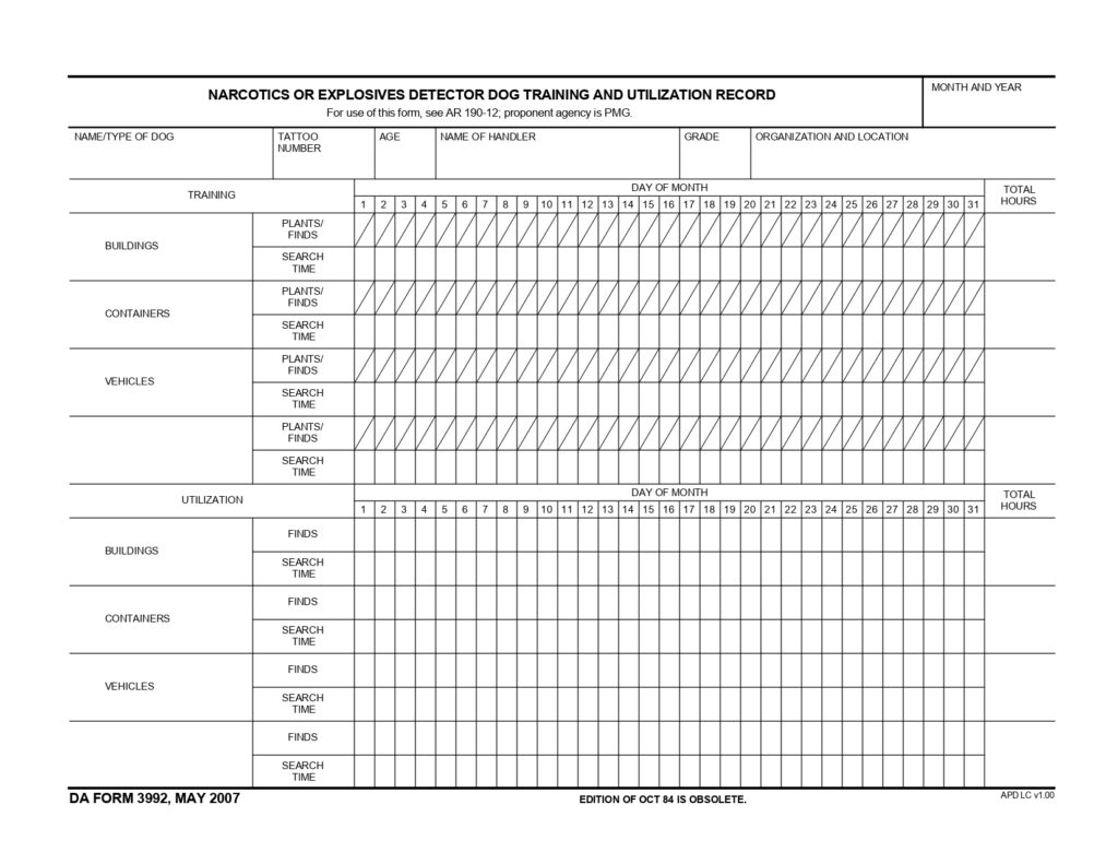 DA FORM 3992 - Narcotics Or Explosives Detector Dog Training And Utilization Record_page-0001