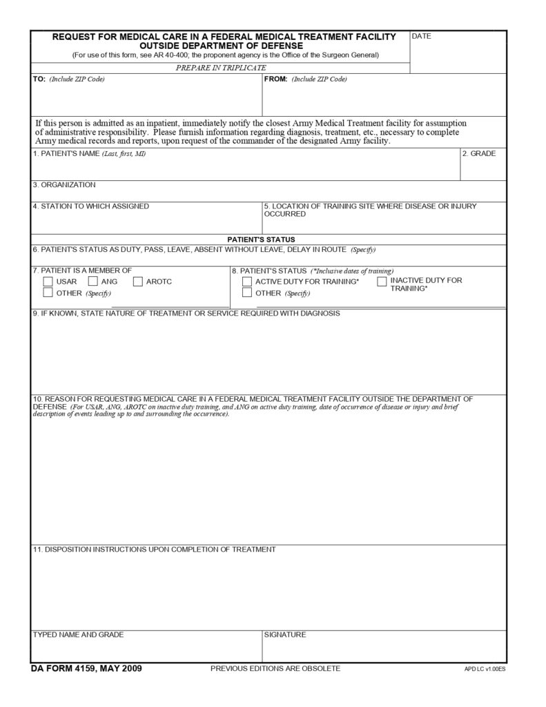 DA FORM 4159 - Request For Medical Care In A Federal Medical Treatment Facility Outside Department Of Defense_page-0001