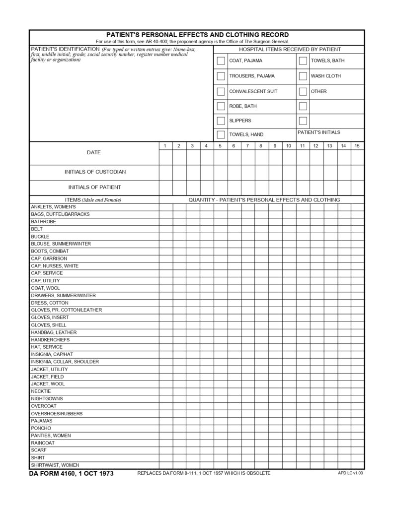 DA FORM 4160 - PatientS Personal Effects And Clothing Record_page-0001