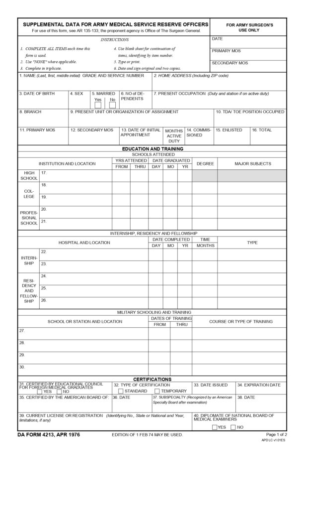 DA FORM 4213 - Supplemental Data For Army Medical Service Reserve Officers_page-0001