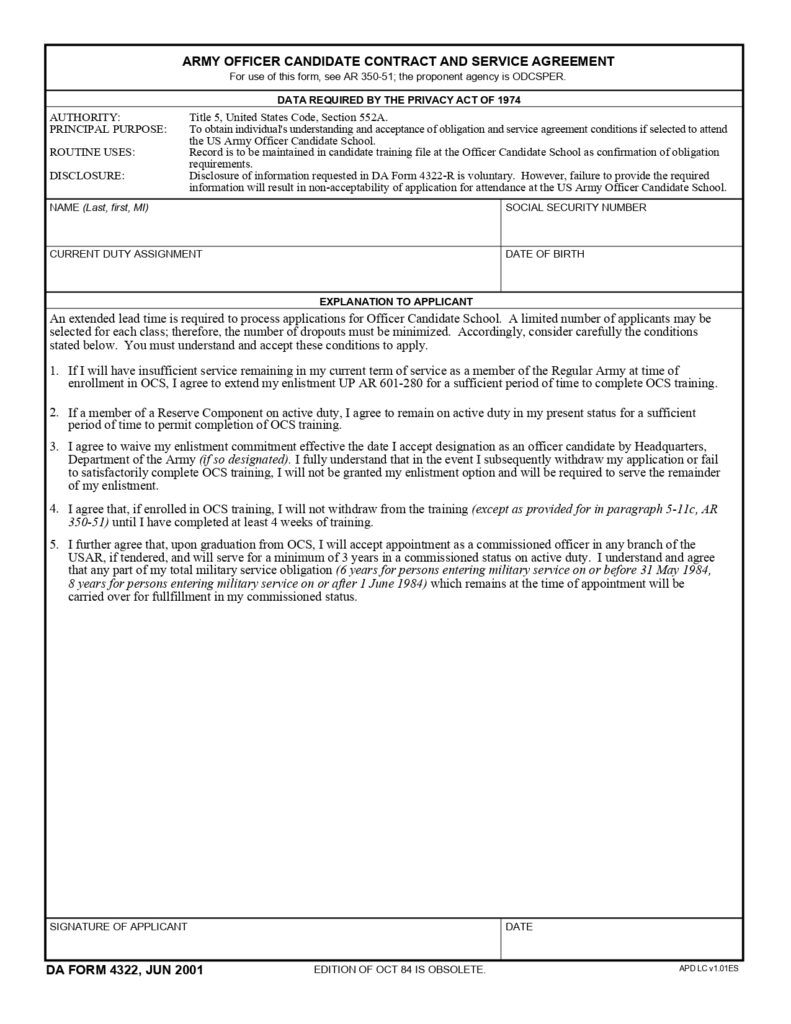 DA FORM 4322 - Army Officer Candidate Contract And Service Agreement_page-0001