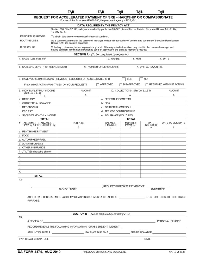 DA FORM 4474 - Request For Accelerated Payment Of Srb-Hardship Or Compassionate_page-0001