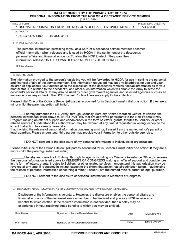 DA FORM 4475 - Data Required By The Privacy Act Of 1974 Personal Information From The Nok Of A Deceased Service Member_page-0001