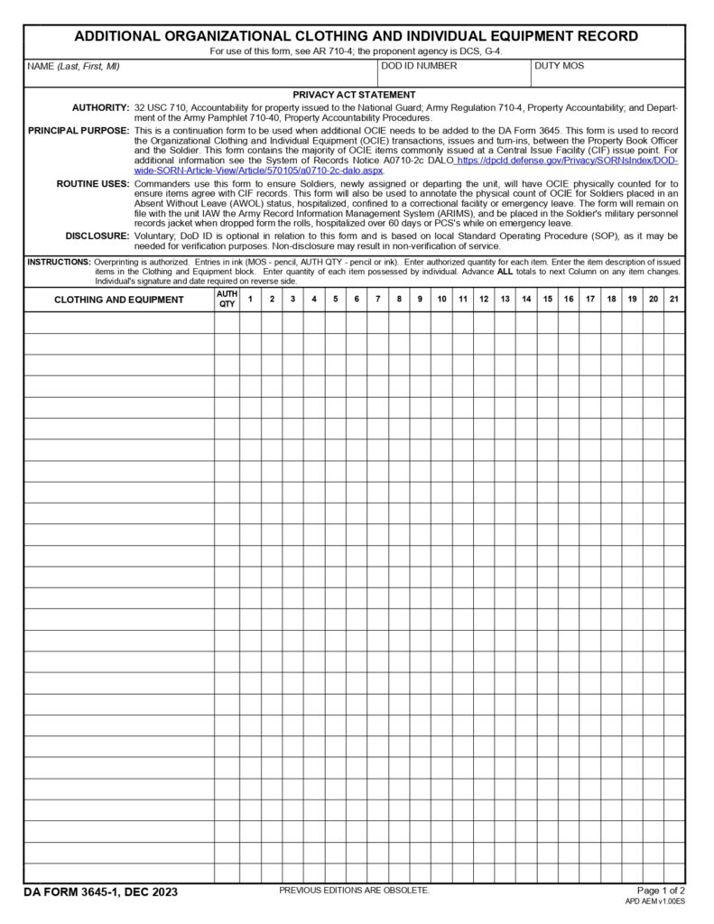 DA FORM 3645-1 - Additional Organizational Clothing And Individual Equipment Record_page-0001