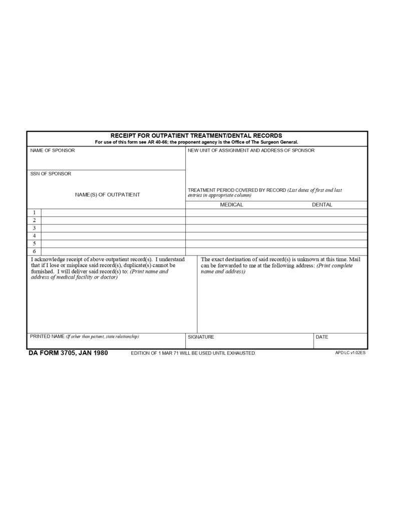 DA FORM 3705 - Receipt For Outpatient Treatment-Dental Records_page-0001