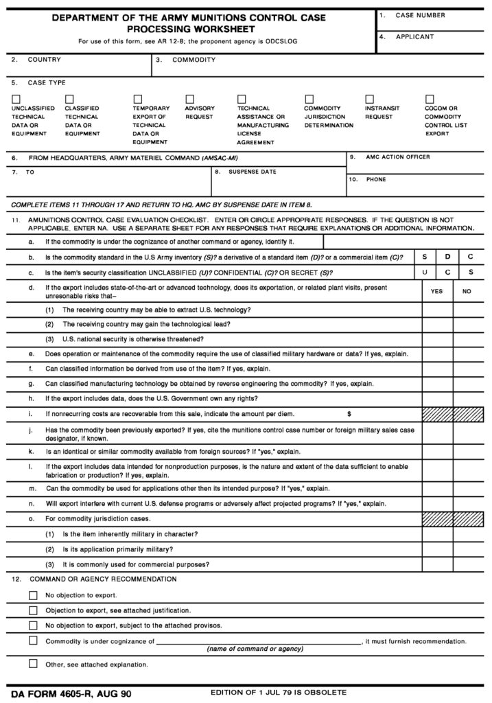 DA FORM 4605-R - Department Of The Army Munitions Control Case Processing Worksheet (LRA)_page-0001