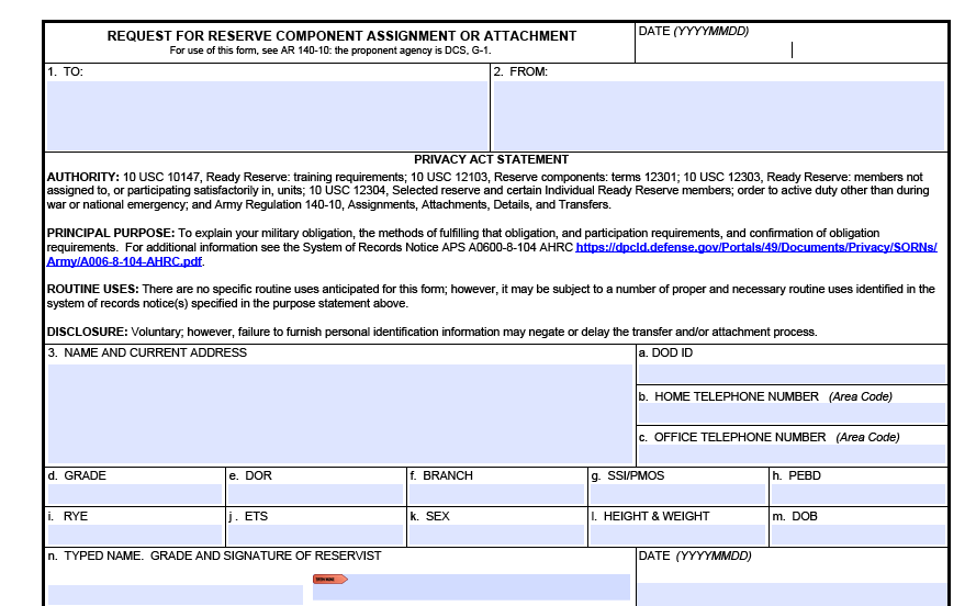 DA FORM 4651 - Request For Reserve Component Assignment Or Attachment