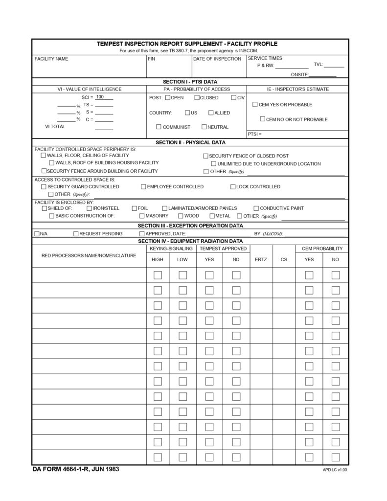 DA FORM 4664-1-R - Tempest Inspection Report Supplement - Facility Profile (LRA)_page-0001