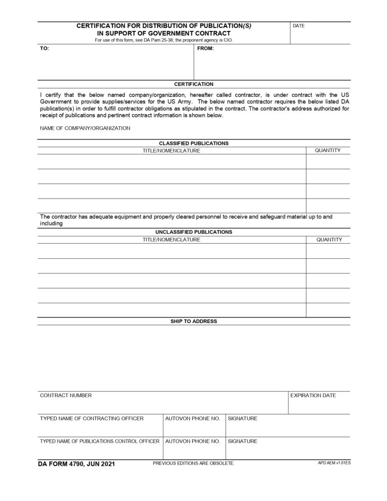 DA FORM 4790 - Certification For Distribution Of Publication(S) In Support Of Government Contract_page-0001