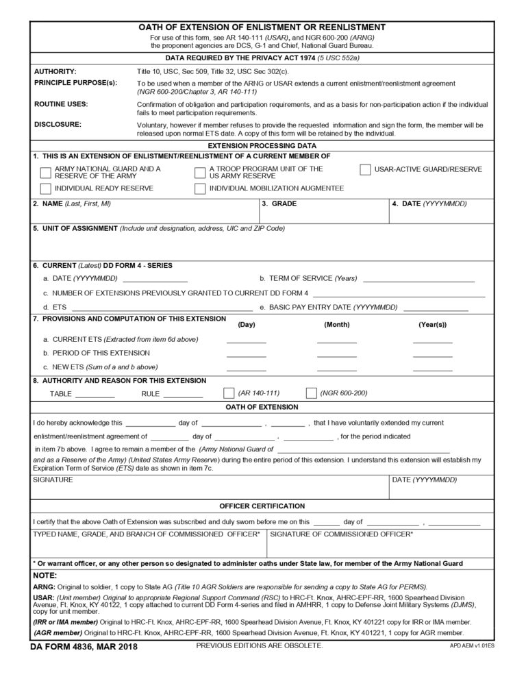 DA FORM 4836 Fillable - Army Pubs 4836 PDF | DA Forms 2024