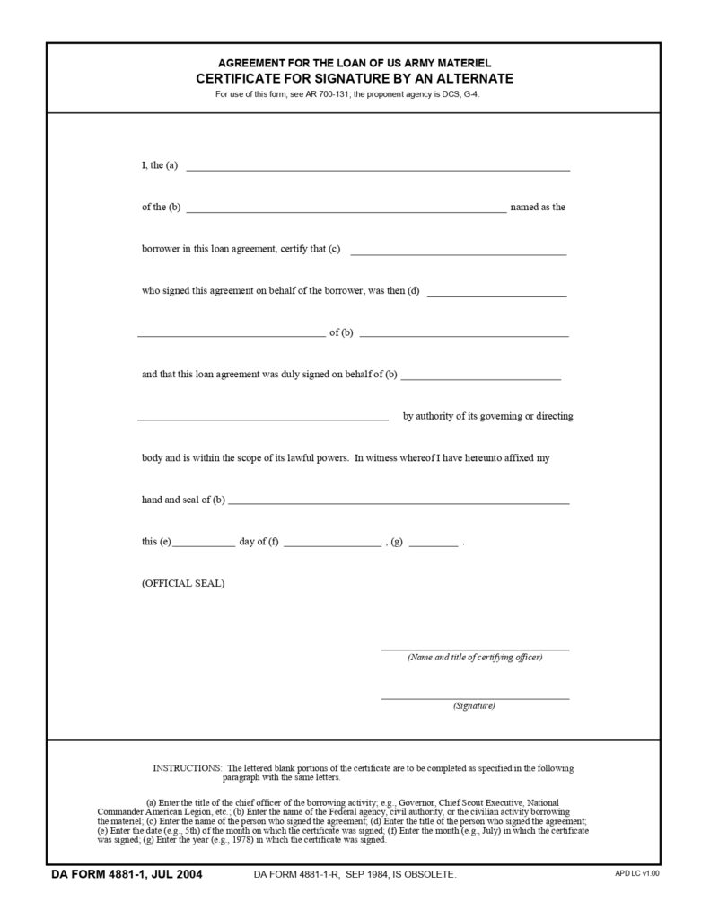 DA FORM 4881-1 - Agreement For The Loan Of Us Army Materiel Certificate For Signature By An Alternate_page-0001