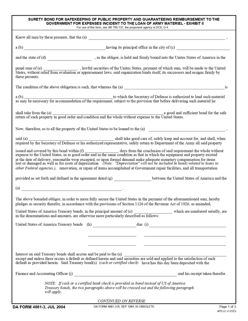 DA FORM 4881-3 - Surety Bond For Safekeeping Of Public Property And Guaranteeing Reimbursement To The Government For Expenses Incident To The Loan Of Army Materiel - Exhibit II_page-0001