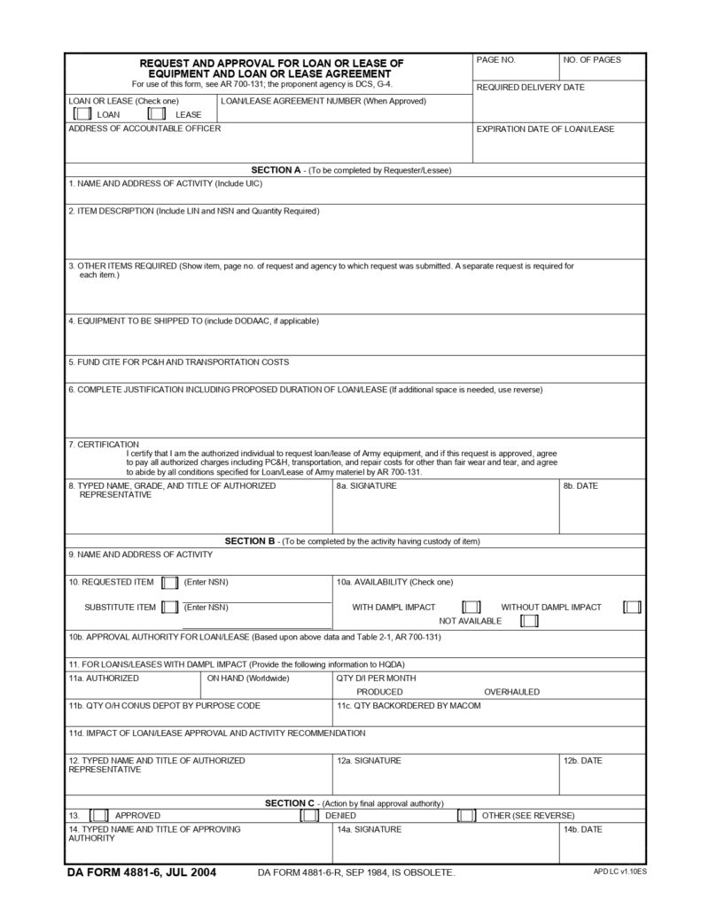 DA FORM 4881-6 - Request And Approval For Loan Or Lease Of Equipment And Loan Or Lease Agreement_page-0001