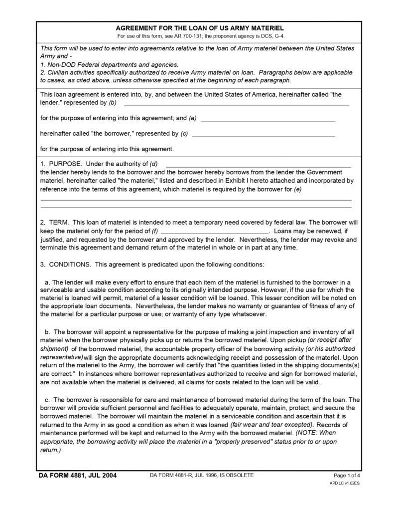 DA FORM 4881 - Agreement For The Loan Of Us Army Materiel_page-0001