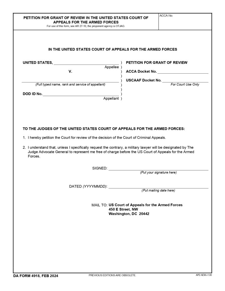 DA FORM 4918 - Petition For Grant Of Review In The United States Court Of Appeals For The Armed Forces_page-0001