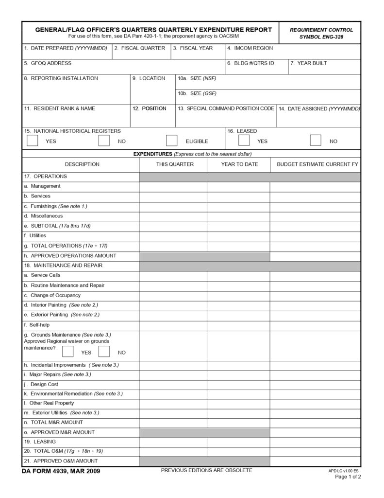 DA FORM 4939 - General-Flag OfficerS Quarters Quarterly Obligations Report_page-0001