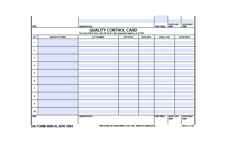 DA FORM 4996-R - Quality Control Card (LRA)