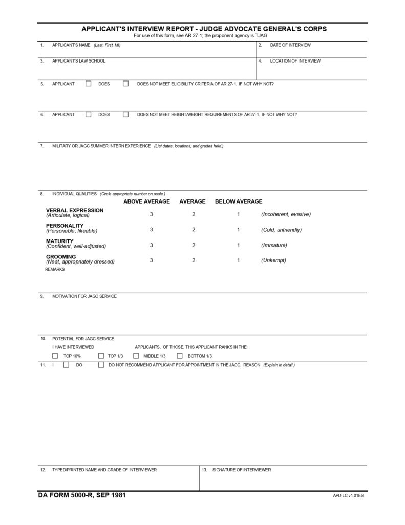 DA FORM 5000-R - Applicant Interview Report - Judge Advocate GeneralS Corps (LRA)_page-0001