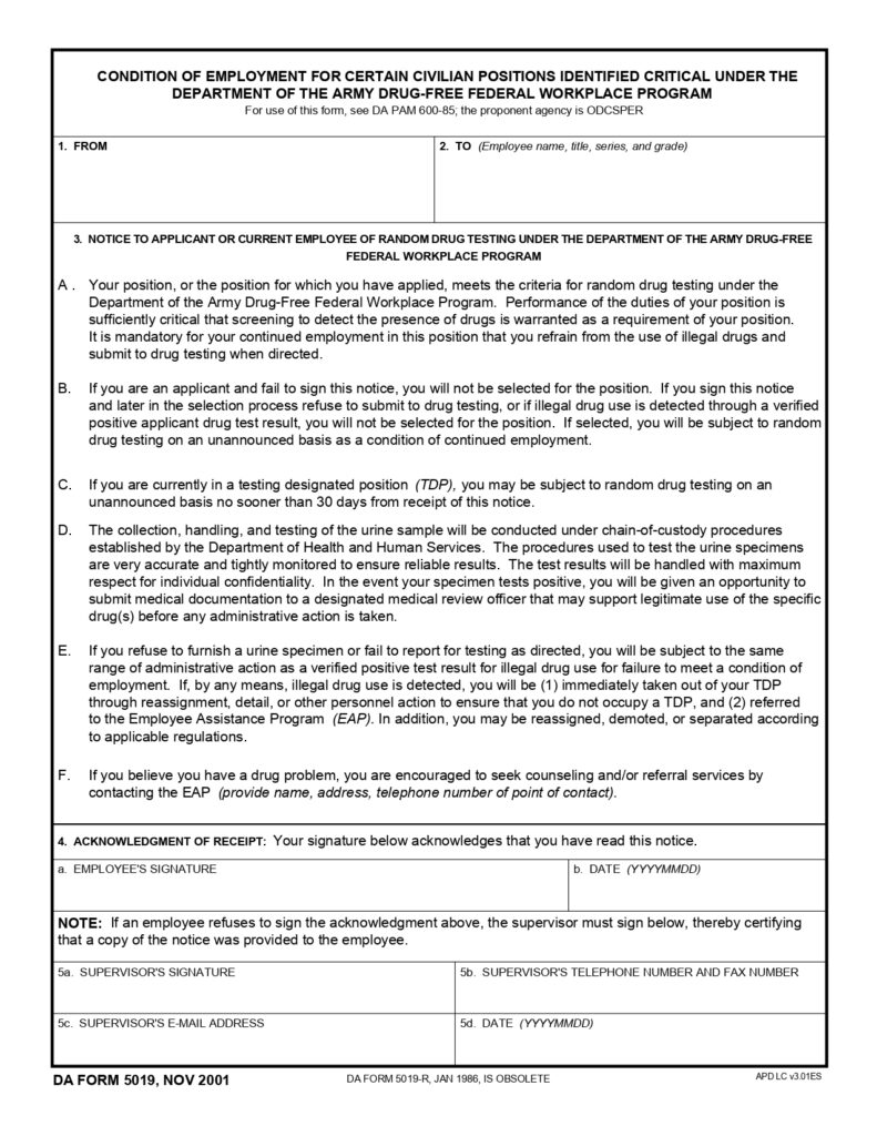 DA FORM 5019 - Condition Of Employment For Certain Civilian Positions Identified Critical Under The Department Of The Army Drug-Free Federal Workplace Program_page-0001