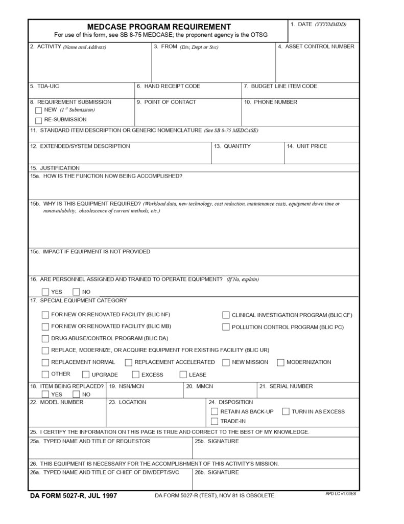 DA FORM 5027-R - Medcase Program Requirement (LRA)