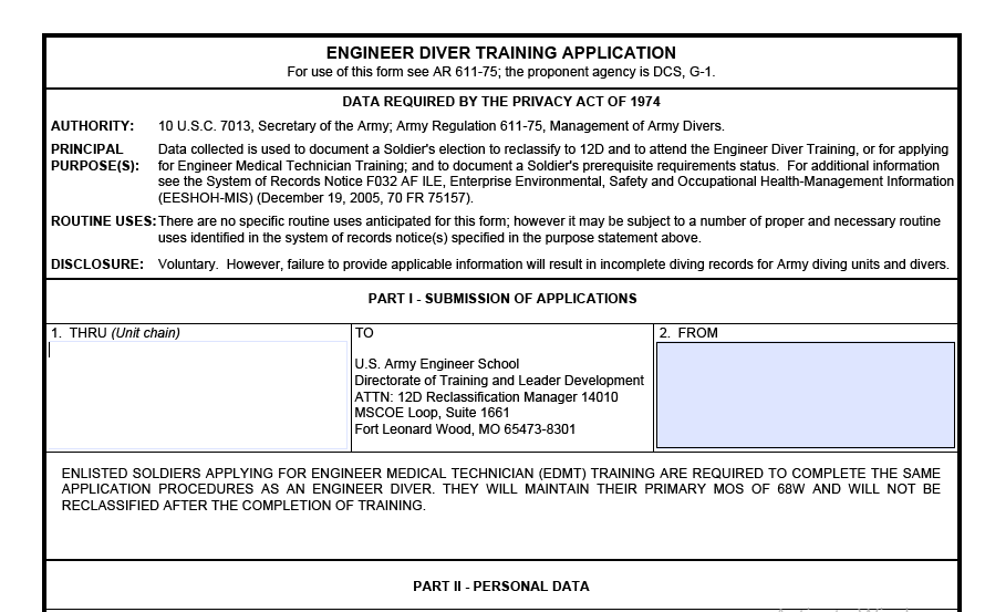 DA FORM 5030 - Engineer Diver Training Application