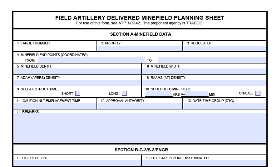 DA FORM 5032 - Field Artillery Delivered Minefield Planning Sheet