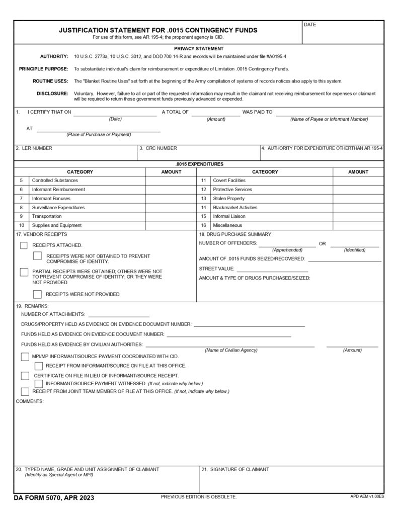 DA FORM 5070 - Justification Statement For .0015 Contingency Funds_page-0001