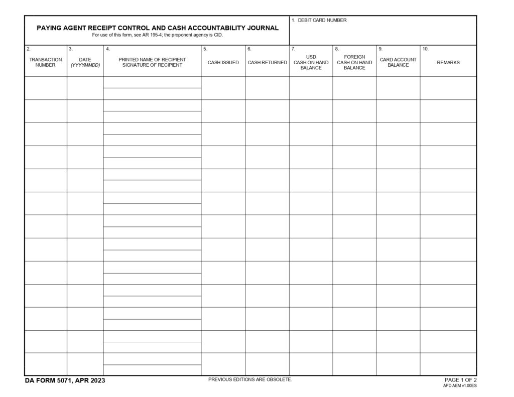 DA FORM 5071 - Paying Agent Receipt Control And Cash Accountability Journal_page-0001