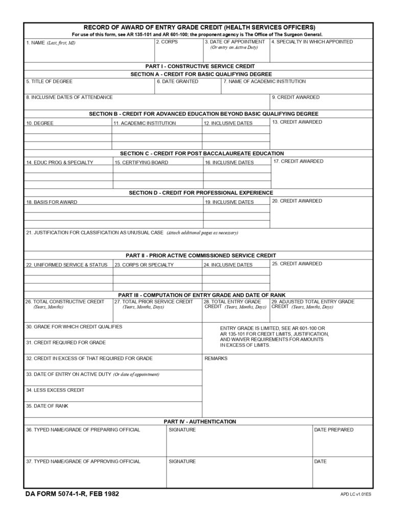 DA FORM 5074-1-R - Record Of Award Of Entry Grade Credit (Health Services Officer) (LRA)_page-0001