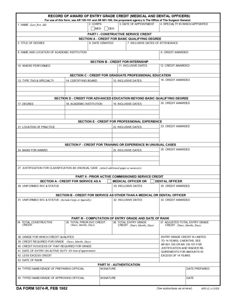 DA FORM 5074-R - Record Of Award Of Entry Grade Credit (Medical And Dental Officers) (LRA)_page-0001