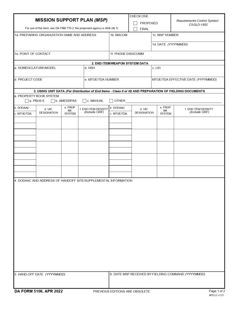 DA FORM 5106 Fillable - Army Pubs 5106 PDF | DA Forms 2024